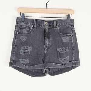 American Eagle Distressed Black Rolled Hem Denim Jean Mom Shorts Sz 2